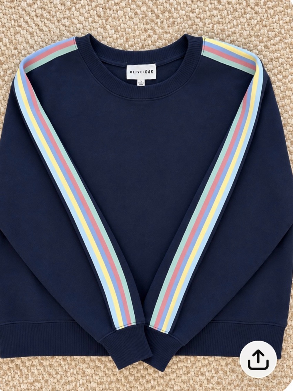 Olive & Oak Navy Crewneck Sweater with Pastel Stripe Sleeves